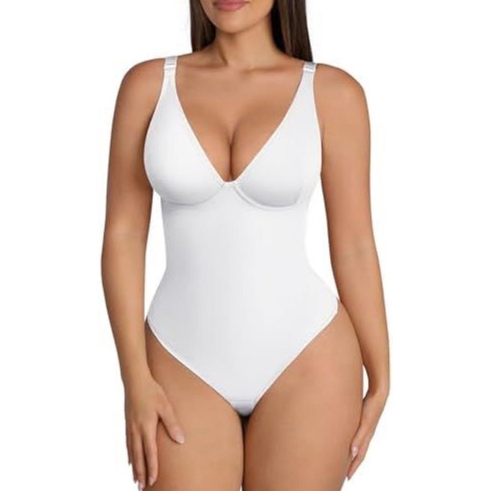 NIB FeelinGirl Shapewear Bodysuit Women White Tummy Control Deep VThong Shaper L